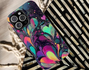 Rainbow Heart Swirl iPhone Case | MagSafe Tough Cover | Dopamine Color Pop Valentine Vibe | Trippy Fluid Love Pattern for iPhone