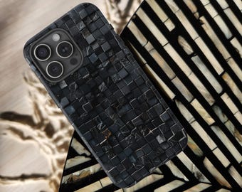 Black Mosaic Tile Tough Phone Case Glass Tile Grid Stone Art Texture  iPhone 16 15 14 13 Pro Max Galaxy S25 S24 S23 Ultra Google Pixel 9 8 7