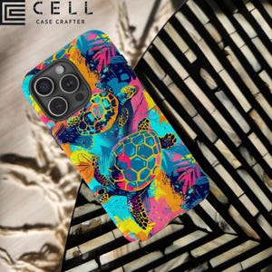Neon Tortoise MagSafe Tough Phone Case Trendy Vibrant Summer Vibe Turtle Shell Case Compatible With iPhone 13 14 15 16 Pro Max Plus Mini