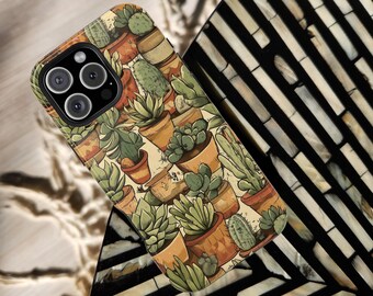 Custodia per iPhone con cactus e piante grasse / Cover resistente MagSafe / Atmosfera desertica disegnata a mano / iPhone 17 16 15 14 13 Plus Pro Max Galaxy S26 Ultra