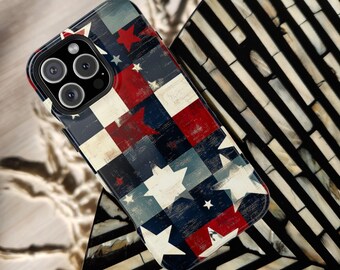 Americana Star Grid iPhone Case | Red White Blue Tough Phone Cover | Vintage Patriotic Checkered Design for iPhone 17 16 Galaxy S26 Pixel 9