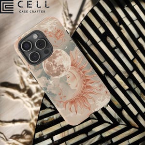 Pink Pastel Celestial Sun and Moon MagSafe Tough Phone Case Floral Art Nouveau Case Compatible With iPhone 13 14 15 16 Pro Max Plus Mini