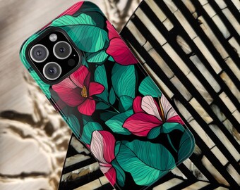 May include: A phone case with a floral design featuring pink flowers and green leaves on a black background. The case has a glossy finish and the brand name "CELL CASE CRAFTER" is visible at the top.