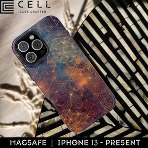 Grille céleste coque iPhone | Housse résistante MagSafe | Géométrie cosmique en or et bleu | Carte des étoiles de science-fiction pour iPhone 16 15 14 13 Plus Pro Max