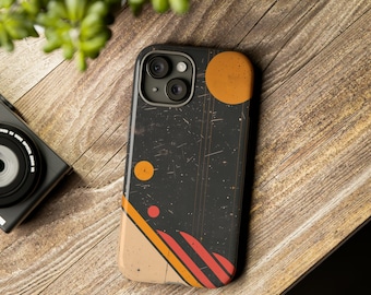 May include: A black phone case with a geometric design featuring orange, red and beige accents. The case has a distressed look with a subtle speckled texture.