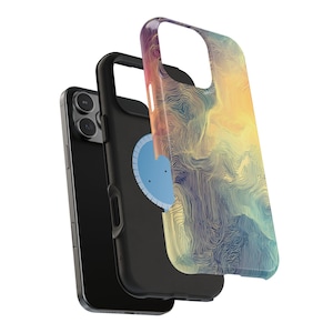 May include: A black smartphone with a black protective case and a colorful abstract design. The case has a multi-colored pattern with yellow, blue, and purple hues. The phone is partially inserted into the case.