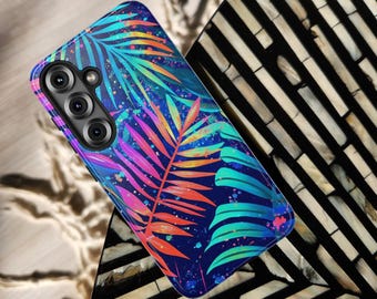 Neon Palms Tough Phone Case | Tropical Jungle Night Glow | Bold Colorful Palm Leaves Design | iPhone 17 16 15 Samsung Galaxy S26 S25 Pixel