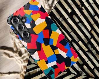 Étui résistant aux couleurs contrastées audacieuses | Finition brillante ou mate | Motif abstrait confettis découpé pour iPhone 17 16 15 Samsung Galaxy S26 S25 Pixel