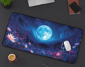 Starry Wildflower Field Desk Mat - Giant Moon and Colorful Sky - Gaming Mouse Pad