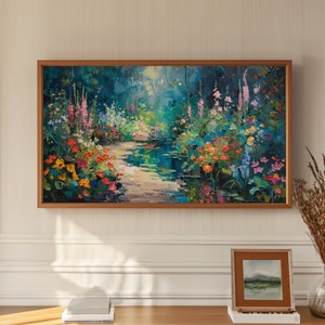 Geheime tuin FRAME TV Art Digitale Download, Kleurrijke bloementuin Heldere bloemen getextureerde olieverfschilderij Hoge resolutie Samsung Frame TV Art