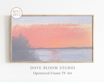 Lake Sunset Samsung Frame TV Art Digital Download, Textured Muted Colors Pink Sunrise Farmhouse Decor Painting, High Resolution Frame TV Art