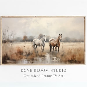ヴィンテージ馬の絵画：雄大な馬の群れ、田園風景（デジタル