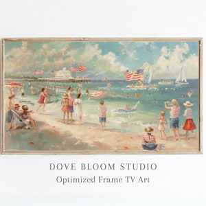 Puede incluir: Una pintura vintage de una escena de playa con gente disfrutando de un día de verano. La pintura presenta un muelle con banderas americanas, veleros y gente nadando en el océano. La pintura está enmarcada en un marco de madera claro.