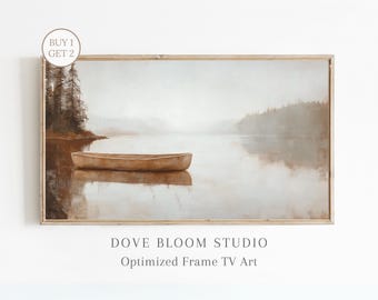 Lake Landscape Samsung Frame TV Art - Canoe Calm Lake TV Art, Vintage Muted Colors Canoe Lake Rustic Oil Painting, Instant Digital Download