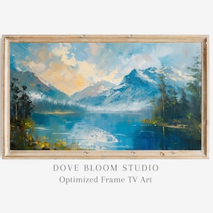 Mountain Landscape FRAME TV Art Digital Download, Vivid Blue Mountain Lake Forest Farmhouse Oil Painting High Resolution Samsung Frame Tv LG