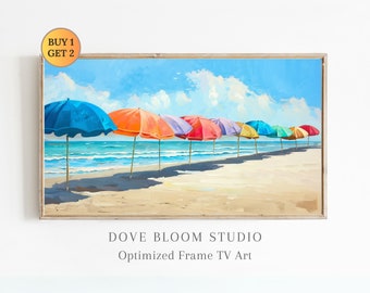 Beach Umbrellas FRAME TV Art, Summer Frame Tv Art Colorful Beach, Ocean Samsung Frame TV Art Coastal Painting, Cute Summer Tv Art Seaside