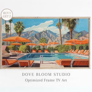 May include: A framed print of a mid-century modern pool scene with orange umbrellas and lounge chairs. The pool is surrounded by palm trees and mountains in the background. The print is titled "Dove Bloom Studio" and "Optimized Frame TV Art".