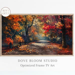 May include: A painting of a forest path in autumn with vibrant red, orange, and yellow leaves. The path leads into the distance, surrounded by trees with colorful foliage.