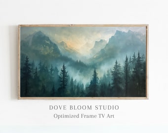 Forest Mountain Mist FRAME TV Art Digital Download, Misty Mountain Forest Landscape Trees Oil Painting High Resolution Samsung Frame TV Art