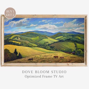 Descarga digital de arte de TV con marco de campos ondulados de granja, pintura al óleo de decoración de casa de campo con paisaje de campo rústico, marco de TV Samsung de alta resolución
