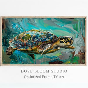 May include: A colorful painting of a sea turtle swimming in turquoise water. The turtle has a green, blue, and orange shell with a yellow and brown head. The water is painted with a textured, abstract style.