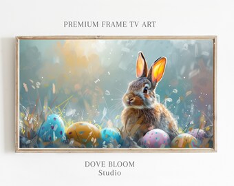 Frühlingshase Rahmen TV Kunst digitaler Download, Wohnkultur Osterhasenfeld, Ölmalerei inspiriert, Osterhase bunte Ostereier TV Kunst