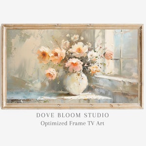 Download digitale di fiori delicati in vaso con cornice per TV, fiori pastello primaverili, dipinto a olio di fattoria, decorazione vintage per cottage, cornice per TV Samsung