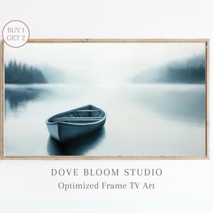 Canoe Lake Landscape Samsung Frame TV Art - Misty Lake TV Art, Vintage Muted Colors Canoe on Lake Oil Painting, Instant Digital Download