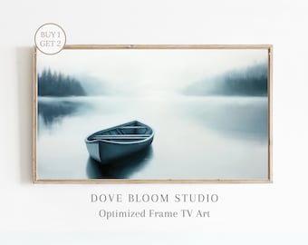 Canoe Lake Landscape Samsung Frame TV Art - Misty Lake TV Art, Vintage Muted Colors Canoe on Lake Oil Painting, Instant Digital Download