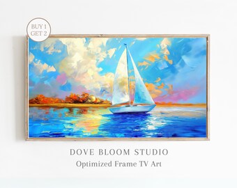 Sailboat Coastal Samsung Frame TV Art, Sailboat Textured Oil Painting, Nautical TV Art, Digital Download Art for Frame TV, Instant Download
