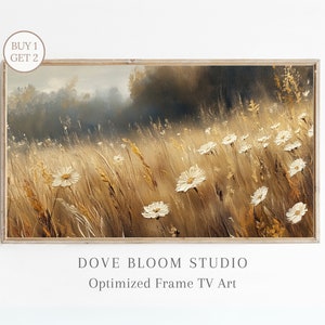 Download digitale di un&#39;opera d&#39;arte vintage con cornice per TV Samsung con campo di fiori neutri, decorazione a olio con fiori testurizzati, decorazione da fattoria, download immediato in 4K