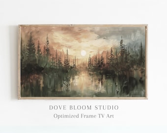 Moody Forest FRAME TV Art Digital Download, Floresta Paisagem Árvores Dark Moody Pintura a óleo Woodland Lake TV Samsung Frame de alta resolução