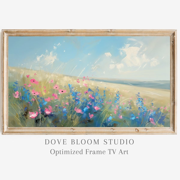 Blue Pink Wildflower Meadow FRAME TV Art Digital Download, Spring Floral Field Farmhouse Decor Oil Painting High Resolution Samsung Frame TV