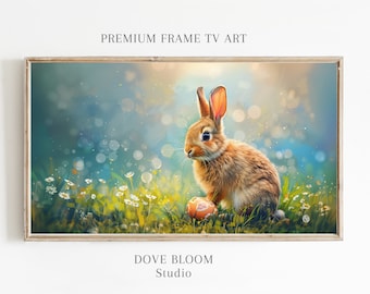 Frühling Osterhase Rahmen TV Kunst digitaler Download, Wohnkultur Osterhasenfeld, Ölgemälde inspiriert, Osterhase Osterei TV Kunst