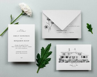 May include: Wedding invitation suite with a white background. The invitation card features black text announcing the wedding of Emily Donohue and Benjamin Roop on October 8th, 2023 at Sapphire Estate in Sharon, Massachusetts. A separate card features a black and white illustration of a house with the text "Emily and Ben 10.8.23".