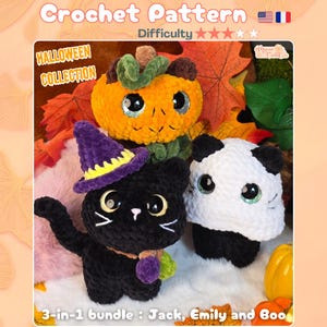 May include: A crochet pattern bundle featuring three plush toys: an orange pumpkin with a green stem, a black cat wearing a purple witch hat with a yellow brim, and a white ghost with black ears. The text reads Crochet Pattern, Halloween Collection, and 3-in-1 bundle: Jack, Emily and Boo.