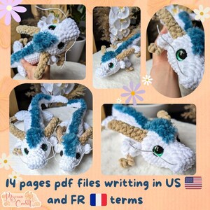 May include: Crochet amigurumi pattern for a white and blue dragon with a fluffy texture. The pattern includes 14 pages of instructions written in US and French terms.