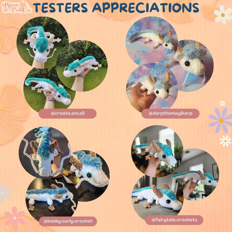 May include: A collection of four crocheted dragon plushies in various poses. The dragons are white with blue and green accents. The plushies are displayed on a pink background with floral accents. The image includes the text "TESTERS APPRECIATIONS" and the social media handles of the creators.
