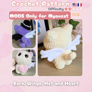 May include: A crochet pattern for a plush cat featuring modifications for ears, wings, a hat, and a heart. The image displays a purple cat with a black top hat and black and white wings, alongside a cream-colored cat with white wings and a pink heart.