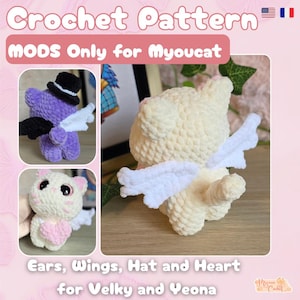 Peut inclure: Patron de crochet présentant trois figurines de chat en peluche. L'une est violette avec des ailes noires et un chapeau noir, une autre est blanche avec un cœur et des oreilles roses, et la troisième est blanche avec des ailes blanches. Le texte indique "Crochet Pattern" et "MODS Only for Myoucat."