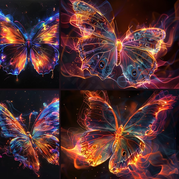 Neon Butterfly Pulsating Clipart PNG images bundle, Neon black background, Commercial Use