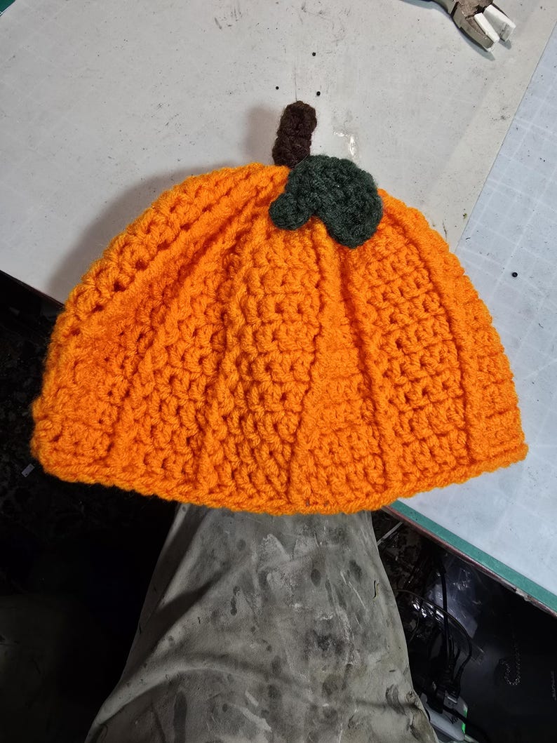Puede incluir: Sombrero de calabaza de punto de color naranja con un tallo verde y marr&oacute;n.