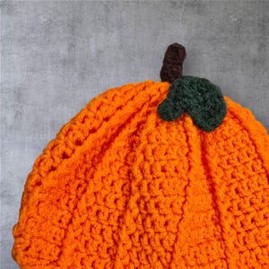 Puede incluir: Sombrero de calabaza de punto naranja con un tallo de punto verde.