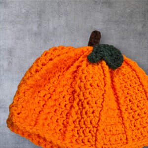Puede incluir: Sombrero de calabaza de punto de color naranja con un tallo de fieltro verde y hojas de fieltro marr&oacute;n.