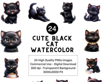 24 Cute Black Cat Watercolor Clipart, Black Cat, Magical clipart, Witchcraft Bundle PNG, Mystical clipart, Instant Download