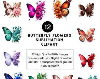Imágenes prediseñadas PNG de mariposa y flor: Diseño de sublimación de primavera (descarga digital, 4500x5400 px)