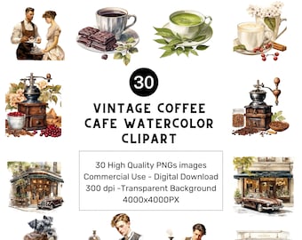 Watercolor Coffee Clipart: Vintage Barista PNG (Digital Download)