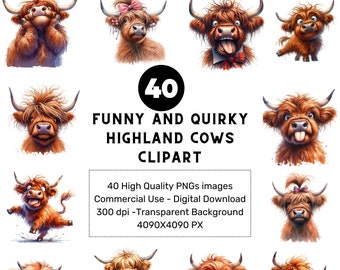 Funny Highland Cow Clipart: Quirky PNG Images (Digital Download)