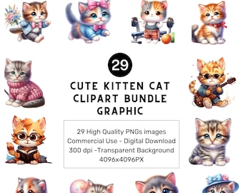 29 PNGs Cute Kitten Clipart bundle PNG, Memory Books,Junk Journals, Scrapbooks,Digital Planners,Free Commercial Use, Digital Download
