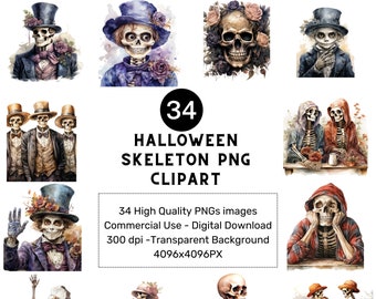 34 Halloween Skeleton Watercolor Clipart: Skull JPGs (Digital Download)
